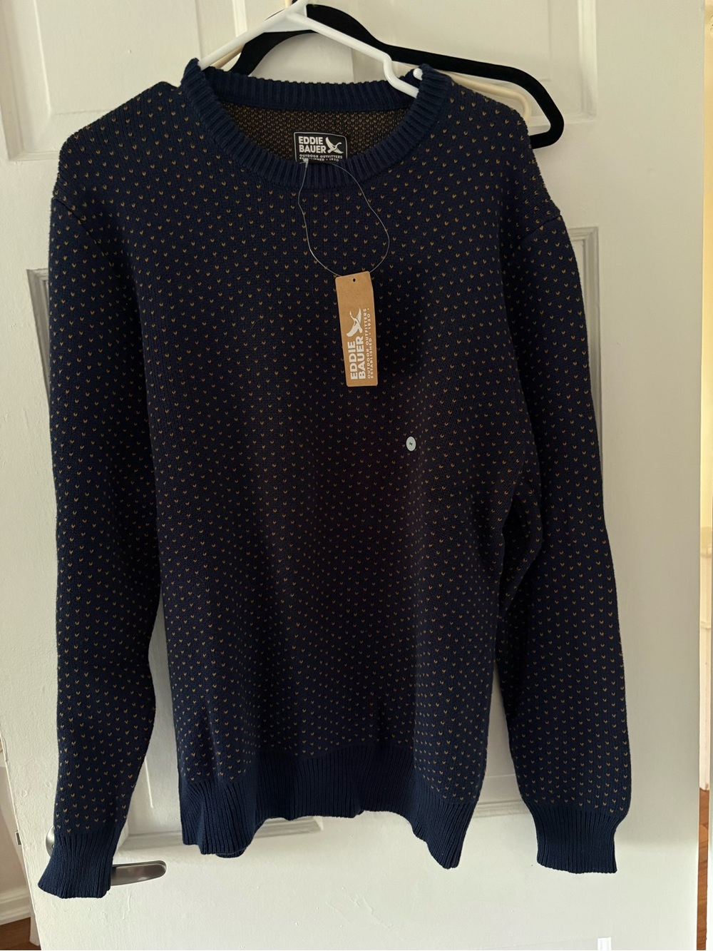Eddie Bauer Navy Crewneck Sweater with Tiny Yellow Dot Pattern